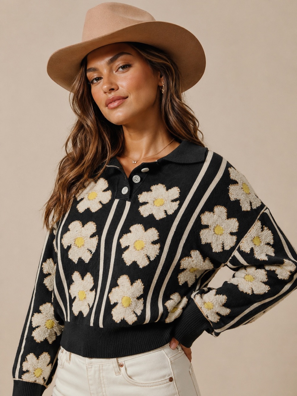 Daisy Polo Sweater - Black/Ivory